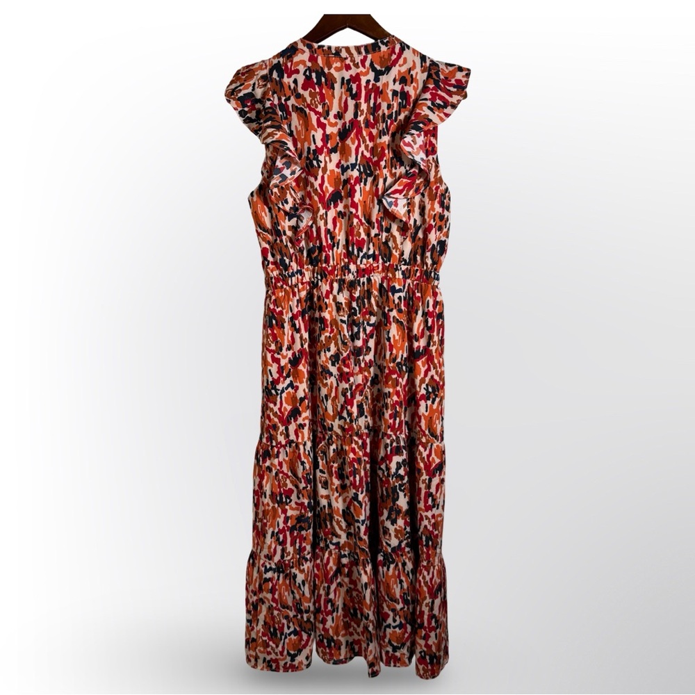 THML Tiered Sleeveless Midi Dress Abstract Print Red Orange Pink M - Picture 3 of 7